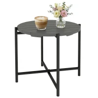 Outsunny 54 cm Round Outdoor Side Table, Industrial Small Garden Table with Slatted Wood Top and Metal Frame, Dark Grey(m-11)