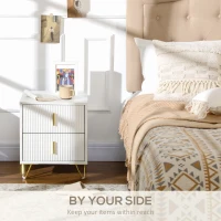 Set of 2 Elegant Fluted Bedside Table - White/Gold-Tone(m-4)