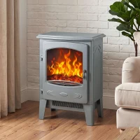 HOMCOM Electric Fireplace, Freestanding Electric Fire with Realistic Flame Effect, Log Burner, 1000W/ 2000W, Grey(m-9)