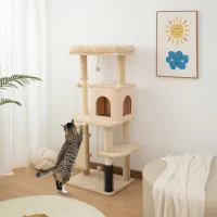 PawHut 132cm Cat Tree w/ Scratching Posts, Pad, Cat Bed, Cat House, Jumping Platform, Grooming Brush, Anti-Tip Kit, Beige(m-10)