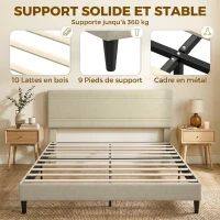 HOMCOM Cadre de Lit 160 x 200 cm avec Sommier en Bois, Rembourré en Effet Lin, Cadre en Acier, 9 Pieds Robustes, Beige(m-7)