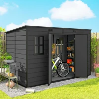 Outsunny 10 x 6 ft Resin Garden Shed, Outdoor Storage Shed with Floor, Windows, Lockable Doors and Vents, Dark Grey(m-10)