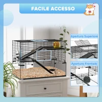 PawHut Gabbia per Criceti a 3 Livelli con Base in Vetro Temperato, Ruota e Accessori, 76.5x48.5x54.5 cm, Nero(m-7)