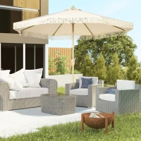 Outsunny Sombrilla de Jardín Ø265x244 cm con Manivela Manual Ángulo Ajustable y Flecos de Estilo Boho para Terraza Piscina Crema(m-2)