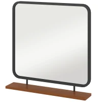 HOMCOM Wandspiegel mit Ablage, Vintage-Design, Metallrahmen, Paulownia-Holz, 55 x 55,5 cm, Schwarz/Holz(m-12)