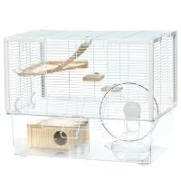 PawHut Hamster Cage, Gerbil Cage with Wooden Ramp, Exercise Wheel, Food Bowl - White(m-10)