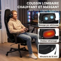 HOMCOM Chaise Gaming Ergonomique Massante et Coussin Lombaire Chauffant, Fauteuil Gaming Inclinable en Lin, Accoudoirs 3D, Noir(m-4)
