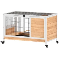PawHut Cușcă pentru Iepuri din Lemn cu 4 Roți, Căsuță pentru Iepuri și Rampă, 90x53x59cm, Galben(m-12)