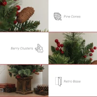 HOMCOM 1.2m/4ft Artificial Christmas Tree with 100 Warm White LED Lights and 8 Modes, Small Xmas Tree with Red Berries, Pine Cones and Retro Base, Green(m-6)