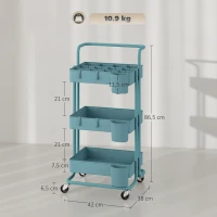 HOMCOM Carrito Auxiliar con Ruedas Carro de Almacenaje Multifuncional con Ganchos y Cajas Colgantes 42x38x86,5 cm Azul Verdoso(m-3)