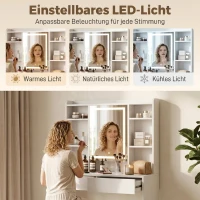 HOMCOM Schminktisch mit Spiegel und LED-Beleuchtung, Frisiertisch mit 2 Schubladen, offenen Fächern und 8 Haken, Weiß(m-4)