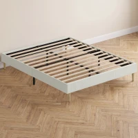 HOMCOM Cadru de pat 140 x 190 cm cu somieră, pat dublu tapițat în catifea canelată, spațiu de depozitare dedesubt, crem(m-2)
