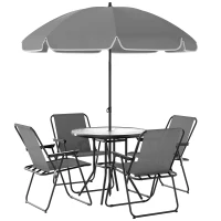 Outsunny 4 Seater Garden Furniture Set, 6 Pieces Garden Table and Chairs with Parasol, Outdoor Garden Dining Set with Folding Chairs and Round Glass Top Table for Patio, Grey(m-1)