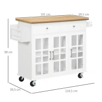 HOMCOM Carro de Cocina con Ruedas Isla de Cocina con 2 Cajones 3 Puertas de Vidrio Templado Toallero 124,5x39,5x90 cm Blanco(m-3)