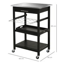 HOMCOM Chariot de Service desserte de Cuisine Table roulantes avec étagère rangement bouteille 60L x 40l x 85H cm Plateau en Acier INOX. Noir(m-3)