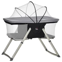 HOMCOM Culla da Campeggio 2 in 1 Pieghevole con Lettino a Dondolo e Zanzariera Età 0-6 Mesi, 59x55x67-69 cm, Nero(m-1)