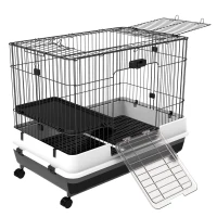 PawHut Gabbietta per Conigli Porcellini d'India in Metallo Nero con 2 Porte e Vassoio Estraibile 81.2x52.7x70cm(m-11)