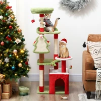 PawHut Cat Tree, 120cm Christmas Cat Tower with 3 Scratching Posts, Scratching Board, 2 Perches, Platforms, Toys, Green(m-10)