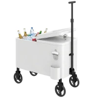 Outsunny Carrito Nevera de 56L con Ruedas Mango Ajustable Abrebotellas Recogetapas Drenaje y Asa 75x35x120 cm Blanco(m-11)