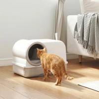 PawHut Bac à litière fermé XL en PP, maison de toilette pour grand chat, avec couvercle et pelle 59 x 39,5 x 39,5 cm gris clair(m-11)