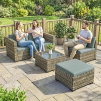 Outsunny Conjunto de Jardim em Vime de 5 Peças Inclui Almofadas 2 Poltronas de Canto Poltrona sem Braços Apoia-Pés e Mesa de Centro Cinza Claro(m-8)
