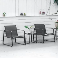 Outsunny Conjunto de Muebles de Jardín 3 Piezas Muebles de Jardín Exterior Incluye 1 Mesa de Vidrio Templado y 2 Sillas con Reposabrazos y Respaldo Transpirable para Terraza Balcón Negro(m-10)