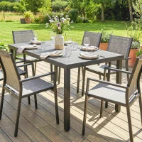 Outsunny Table de jardin pour 4 à 6 personnes, table à manger extérieure avec plateau à lattes, 140 x 90 x 74 cm, gris(m-8)