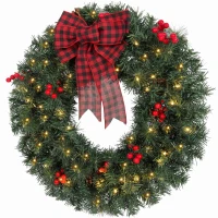 HOMCOM Couronne de Noël Ø60 cm avec Lumières LED 8 Modes, Nœud, 140 Branches, Pommes de Pin et Baies, Couronne de Noël, Vert(m-8)