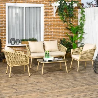 Outsunny Gartenmöbel-Set, 4-teilig, Tisch mit Glasplatte, inkl. Sitzkissen, wetterfest, Khaki(m-10)