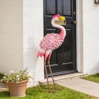 Outsunny Statue de Jardin Flamant Rose, Sculpture d'Oiseau en Métal avec Plumes Florales, 28 x 19 x 83 cm, Rouge(m-10)