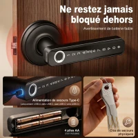 HOMCOM Serrure de Porte Intelligente, 5 Accès par Empreinte, Code, Carte NFC, Application Tuya/Smart Life et Clé, Noir(m-7)