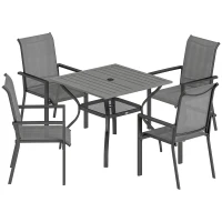 Outsunny Set da Giardino 5 pz in Acciaio con 4 Sedie Impilabili e Tavolo con Foro Centrale e Ripiano Inferiore, Grigio(m-1)