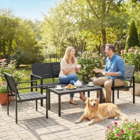Outsunny 4 Piece Garden Furniture Set, Outdoor Sofa Set with HDPE Slatted Loveseat Armchairs Coffee Table Metal Frame, Black(m-9)