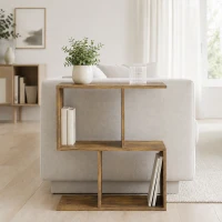 HOMCOM Beistelltisch in S-Form, schmaler 3-Ebenen-Tisch mit Ablagefächern für Wohnzimmer und Schlafzimmer, Rustikalbraun(m-10)