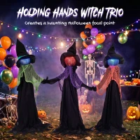 HOMCOM 120cm Witches Holding Hands Halloween Decorations Outdoor Indoor, Scary Halloween Witch Decor with Light-Up Heads(m-4)