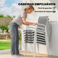 Outsunny Conjunto de Refeição de Jardim 7 Peças com Mesa de Vidro Temperado e 6 Cadeiras Empilháveis Cinzento(m-4)