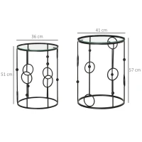 HOMCOM Set di 2 Tavolini da Caffè Impilabili in Metallo e Vetro Temperato Ø41x57cm e Ø36x51cm, Nero(m-3)