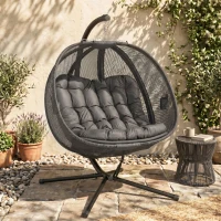 Outsunny Double Hanging Egg Chair 2 Seaters Texteline Swing Hammock Chair with Stand, Cushion and Folding Design, for Indoor and Outdoor, Grey(m-15)