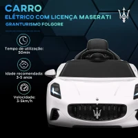 AIYAPLAY Carro Elétrico para Crianças Maserati Gran Turismo Folgore 12V Controlo Remoto Faróis Buzina e Música MP3 98x59x43 cm Branco(m-4)