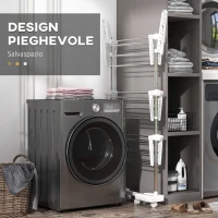 HOMCOM Stendino Verticale Pieghevole in Acciaio e Plastica con 6 Ruote e 3 Ripiani Regolabili, 142x55x172 cm(m-6)
