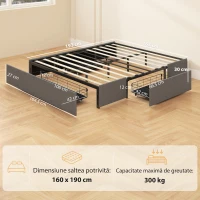 HOMCOM Cadru Pat Dublu cu Șipci și 3 Sertare, din Lemn, Poliester și Metal, 165x193x30 cm, Gri(m-3)