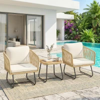 Outsunny Rattan Bistroset 3 teiliges FSC Gartenmöbel-Set mit 2 Sessel, Lamell-Holztisch, dicke waschbare Kissen Stahlrahmen(m-10)