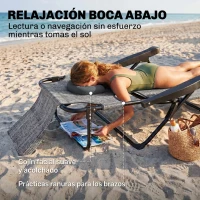 Outsunny Espreguiçadeira de Jardim Dobrável com Encosto Ajustável em 4 Níveis, Orifício de Leitura e Apoio para Cabeça 145x72x89 cm Cinzento(m-4)
