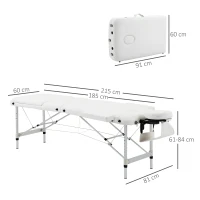 HOMCOM Foldable Massage Bed Portable Table, 3-Section Aluminium Foldable Beauty Couch, Professional Salon Spa Table with Headrest Support, 60 cm Width, White(m-3)