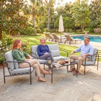 Outsunny Set de mobilier de grădină 4 piese, set de mobilier exterior din oțel, canapea 2 locuri, 2 fotolii, masă cu blat din sticlă, perne confortabile, gri deschis(m-9)
