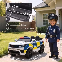 HOMCOM Carro Elétrico Crianças 12V Policial com Bluetooth USB Luz Sirene 110x68x52 cm Brincar Infantil Branco(m-3)