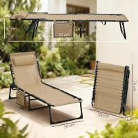 Outsunny Portable Sun Lounger, Folding Camping Bed Cot, Reclining Lounge Chair 5-position Adjustable Backrest with Side Pocket, Pillow for Patio Garden Beach Pool, Beige(m-3)
