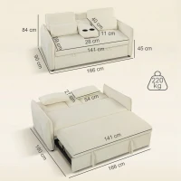 HOMCOM 3-in-1 Verstellbares Schlafsofa, Zweisitzer mit Getränkehaltern, verstellbarer Rückenlehne und Seitentaschen, Beige(m-3)