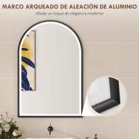 HOMCOM Espejo de Baño con Luz 60x90 cm Espejo de Pared Arqueado 3 Colores de Luz Brillo Regulable Función Antivaho Negro(m-8)