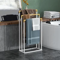 kleankin Toallero de Pie Escalonado con 3 Barras de Bambú y Marco de Acero para Baño Lavadero 45x22,5x86 cm Blanco y Natural(m-10)